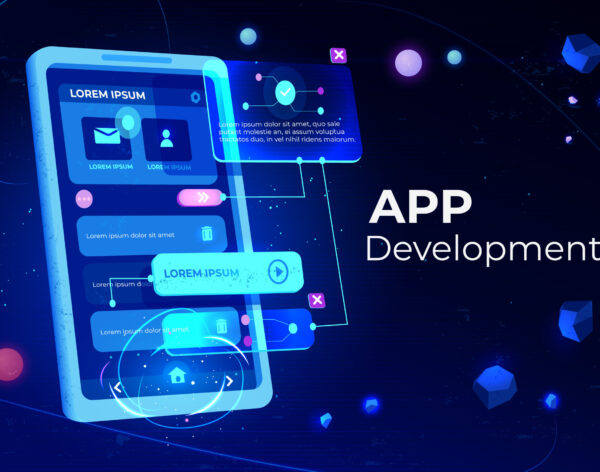 App development banner, adaptive layout application web interface on smartphone touch screen, user software API prototyping, testing, neon glowing background. Cartoon vector illustration, landing page