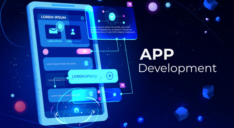 App development banner, adaptive layout application web interface on smartphone touch screen, user software API prototyping, testing, neon glowing background. Cartoon vector illustration, landing page